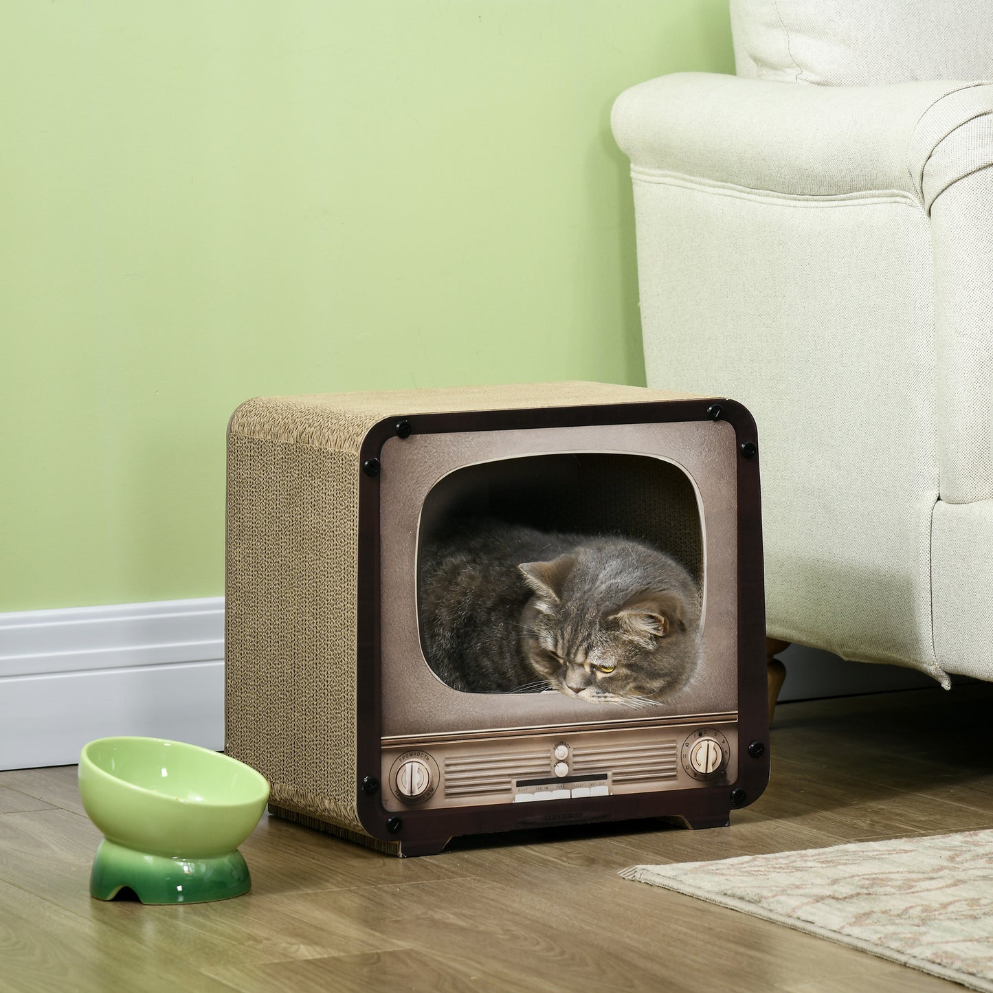 2 in 1 TV Shape Cat Scratching Board House with Catnip, for Indoor Cats in Brown | PawHut