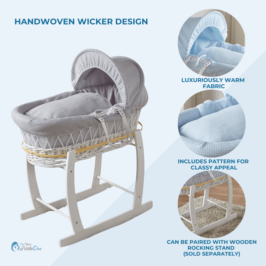 White Waffle Grey Wicker Baby Moses Basket With Stand