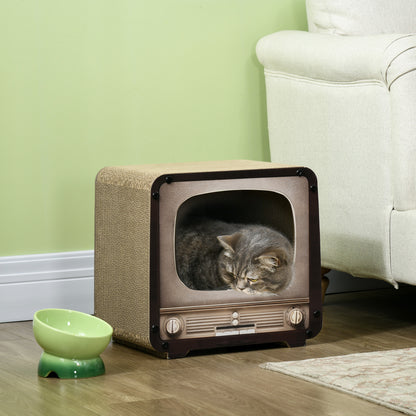 2 in 1 TV Shape Cat Scratching Board House with Catnip, for Indoor Cats in Brown | PawHut